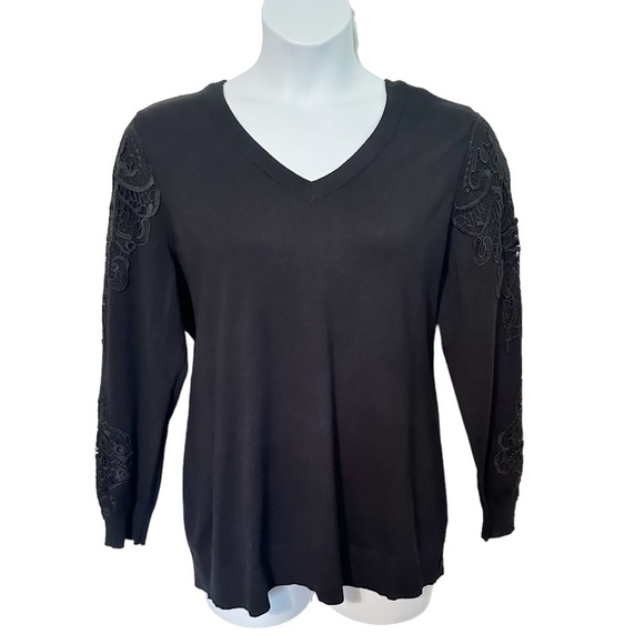 Black V Neck Sweater with Lace Sleeve Appliqué Size 14/16 - Picture 1 of 10